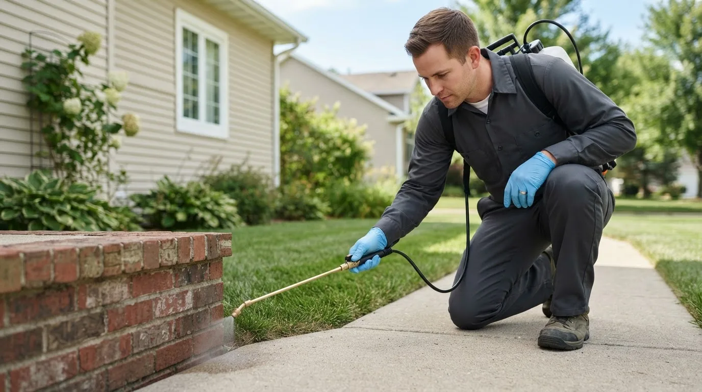 Pest control technician treating a home near Ithaca, NY